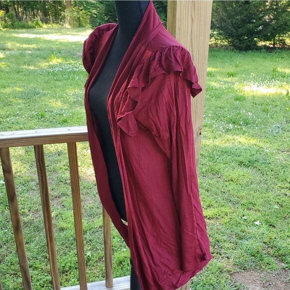 WINE red cardigan with ruffle sleeves 1X - Picture 3 of 6